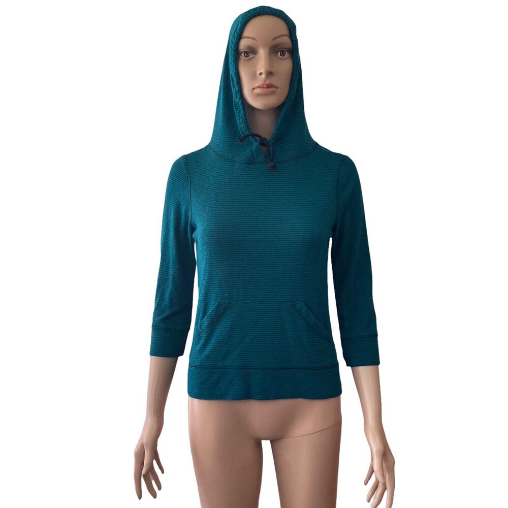 Hooded Pullover Sweat Shirt Womens Small Green Black Striped Stretch